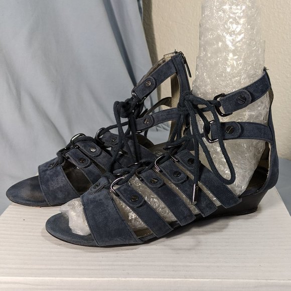 Colin Stuart size 6 Blue Suede Gladiator Sandals Shoes Flat lace up GUC! - Picture 1 of 8